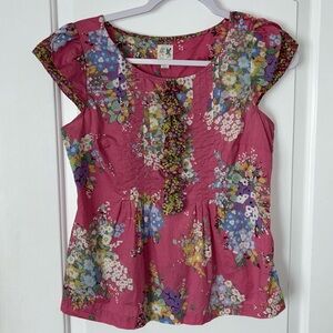 Anthropologie Gathered Pink Floral Ruffle  Blouse